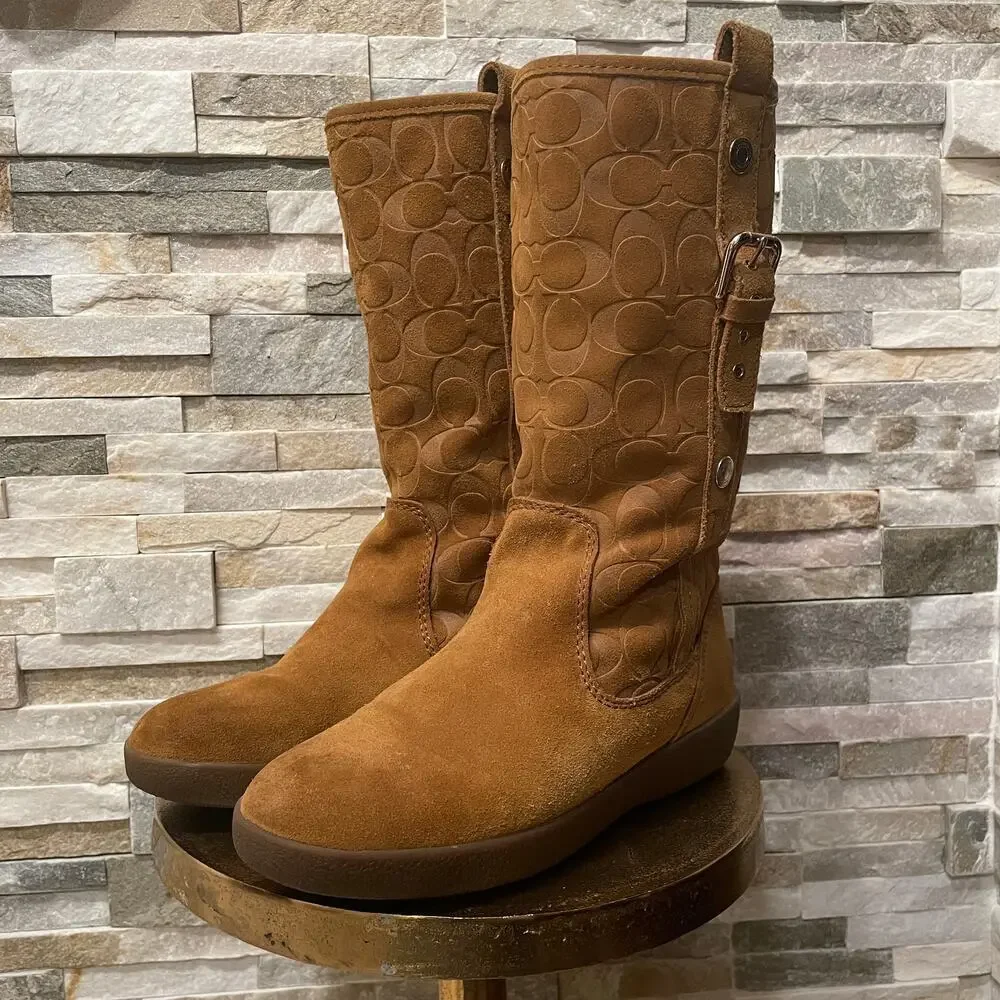 Coach Tulip Tullip Boots 8.5 | Honey Tan Suede Leather Fur, Signature C Embossed